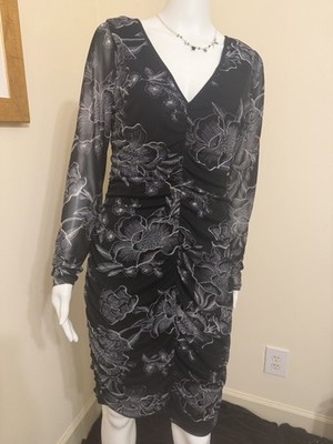 GUESS Black Floral Ruched Mesh Bodycon Dress Size 12 Open Back Long Sleeve LBD