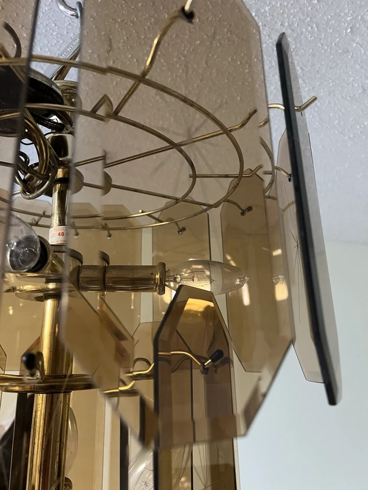 Vtg 7-light Brass & Smoked Etched Glass Chandelier Tiered Light Fixture Amber - Image 4 of 4