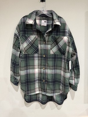 NWT SO Juniors Plaid Flannel Jacket Tunic Green Heavy Weight Size Large