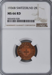 1936B SWITZERLAND 2 RAPPEN NGC MS66 RD