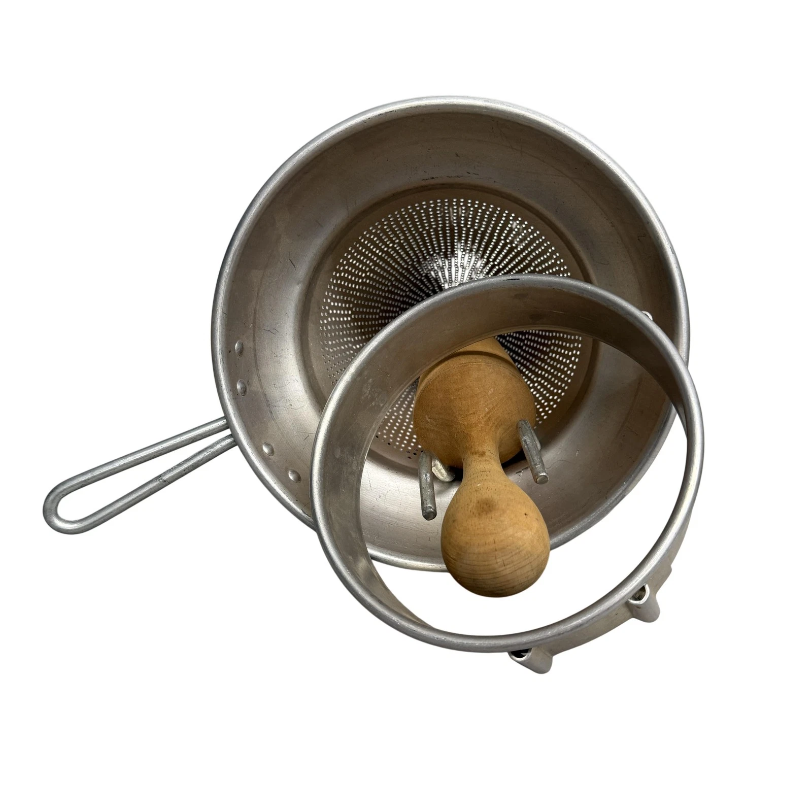 Vintage Aluminum Cone Food Strainer Stand Wooden Pestle Masher Silver Kitchen