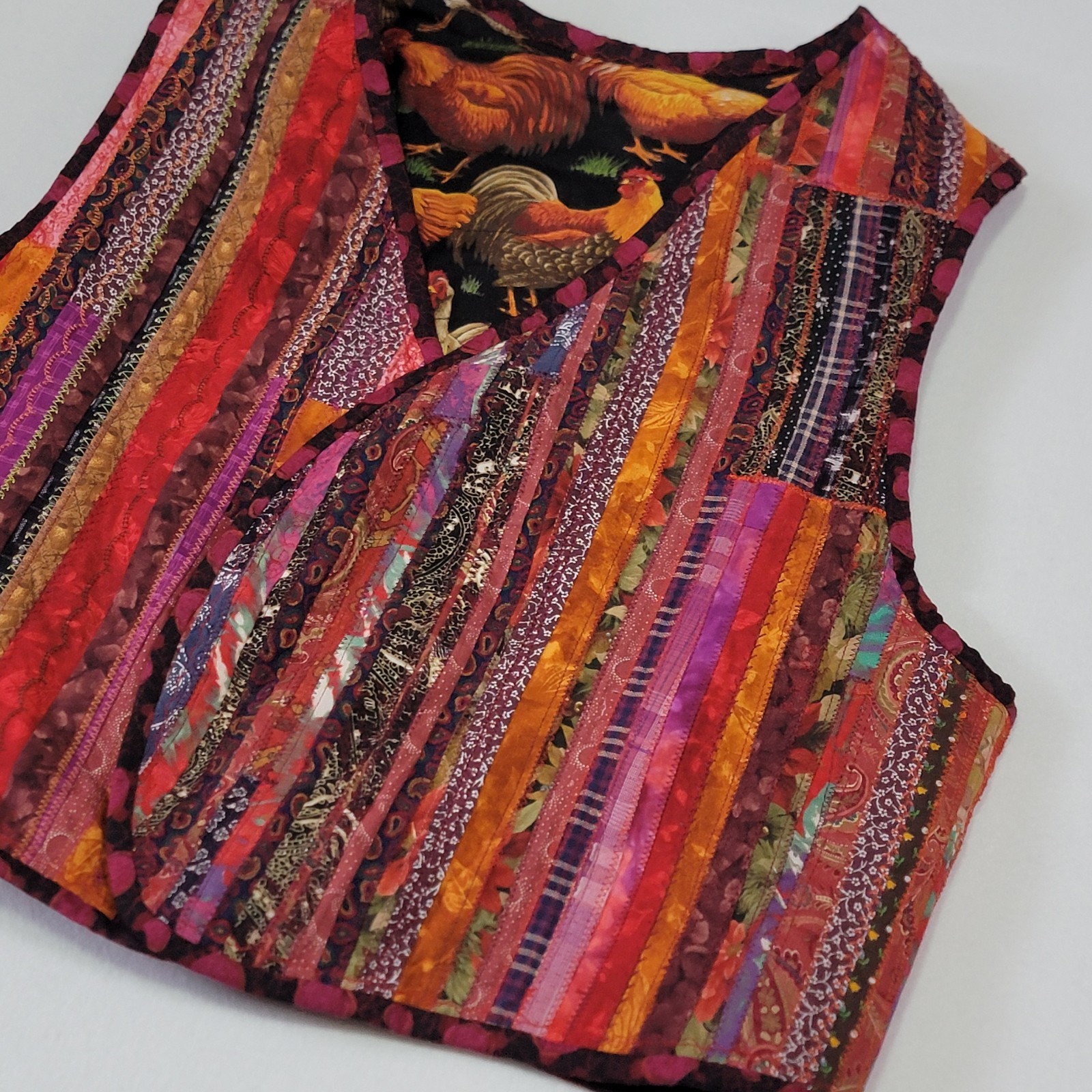Handmade Quilted Patchwork Vest Chicken Print Fol… - image 3