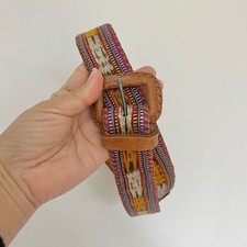 Vintage 90s Leather Belt Guatemala Multi Color Aztec Woven Tooled Belt SZ S READ
