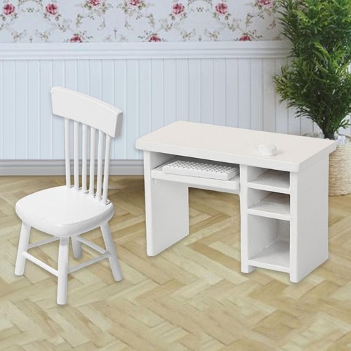 1:12 Miniature Computer Desk and Chair Set Toy Painted Study Table and Chairs - Picture 6 of 7