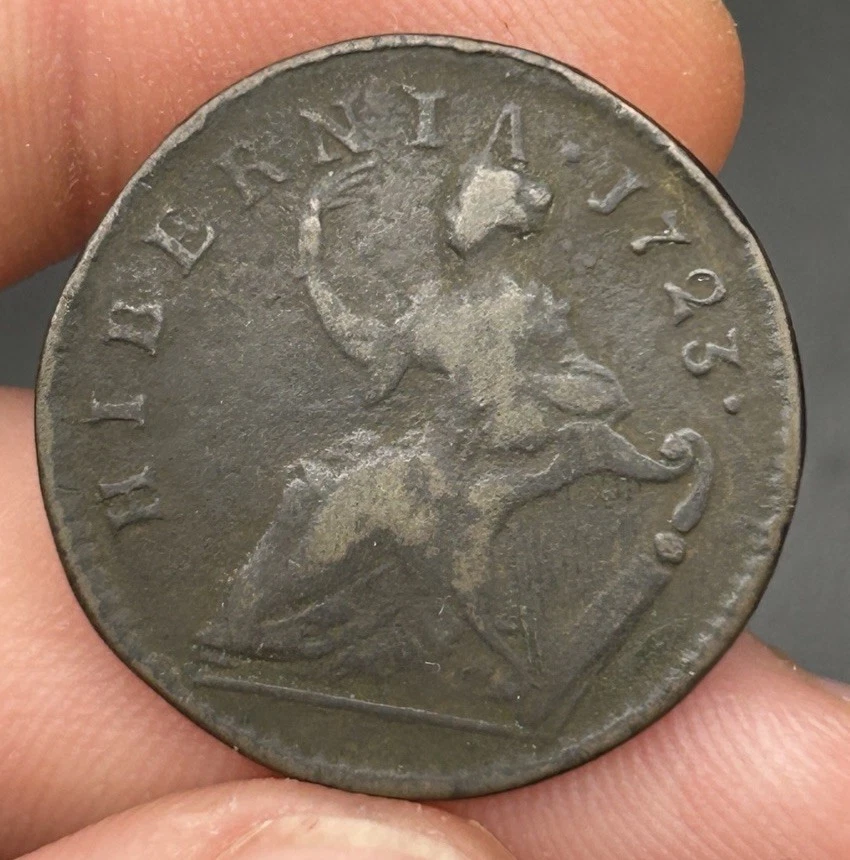 COLONIAL 1723 Wood's Hibernia Halfpenny, VF rare copper coin - Image 2 of 2