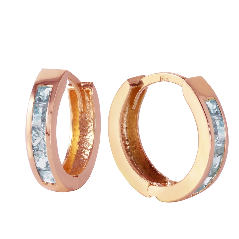 0.85 CTW 14K Solid Rose Gold Hoop Huggie Earrings Aquamarine - Image 2 of 4