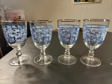 4 Blue Floral Stemmed Ice Tea/Water Goblets With Blue Bands & Sliver Rim 7" #731