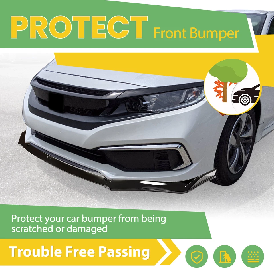 For Honda Civic Sedan 2016-2021 Front Bumper Lip Splitter Spoiler Glossy Black - Image 4 of 4