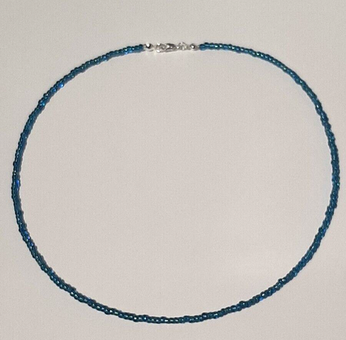 TURQUOISE SILVER LINED HANDMADE SEED BEAD NECKLACE 18" SILVER - N24 - Picture 2 of 2