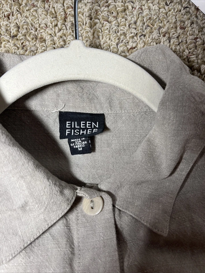 Blusa túnica Eileen Fisher tamanho grande M 44 polegadas mistura de linho bronzeada gola alta com botões - Imagem 3 de 4