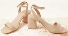 MONSOON Scallop Faux Suede Block Heeled Sandals Nude/Sand - Size 7 (RRP £60)
