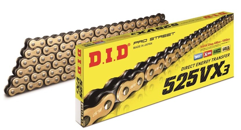 Chaîne moto DID 525 VX3 super renforcée à joints X-Ring Or et Noir 108M