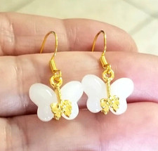 14k Gold White Jade Earrings Butterfly Earrings Gold Dangle Earrings Bridal Prom
