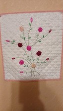 hand stitched quilt wall hanging Raised Roses Pink Burgundy