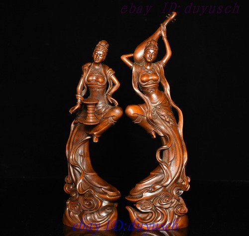 10" Chinese Buddhism Boxwood Wood Carved Apsaras Belle Goddess God Statue Pair - Picture 4 of 9