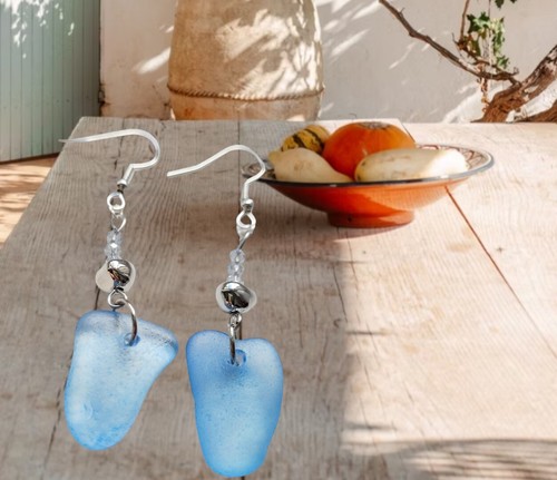 blue sea glass dangle earrings - Picture 3 of 3
