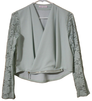 Women's Yingxi Jacket Blouse Sz L Mint Green Lace LS Zipper Detail Unique GUC