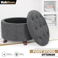 17" Lift Top Storage Ottoman Round Modern Tufted Footstool Dark Gray w/Wood Legs