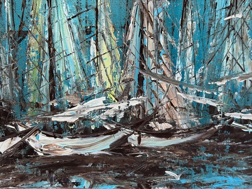 MORRIS SIGNED SAILBOAT MARINA OIL PAINTING ABSTRACT SEASCAPE SEA BIRDS AND BOATS - Picture 8 of 16