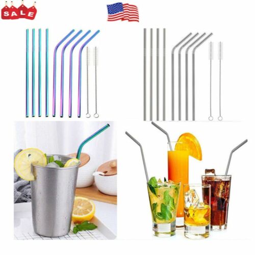 Reusable Stainless Steel 10.5" Metal Drinking Straw Straws + Cleaner Brush Kit - Picture 1 of 12