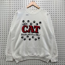 VTG 90s Cat Funny Sweatshirt Mens Large White Walks Over Me Paw Print 21.5x25