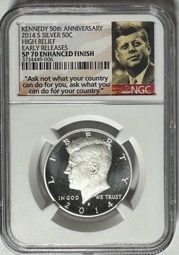 2014-S Silver High Relief Kennedy Half Dollar - NGC Graded SP70 Enhanced Finish