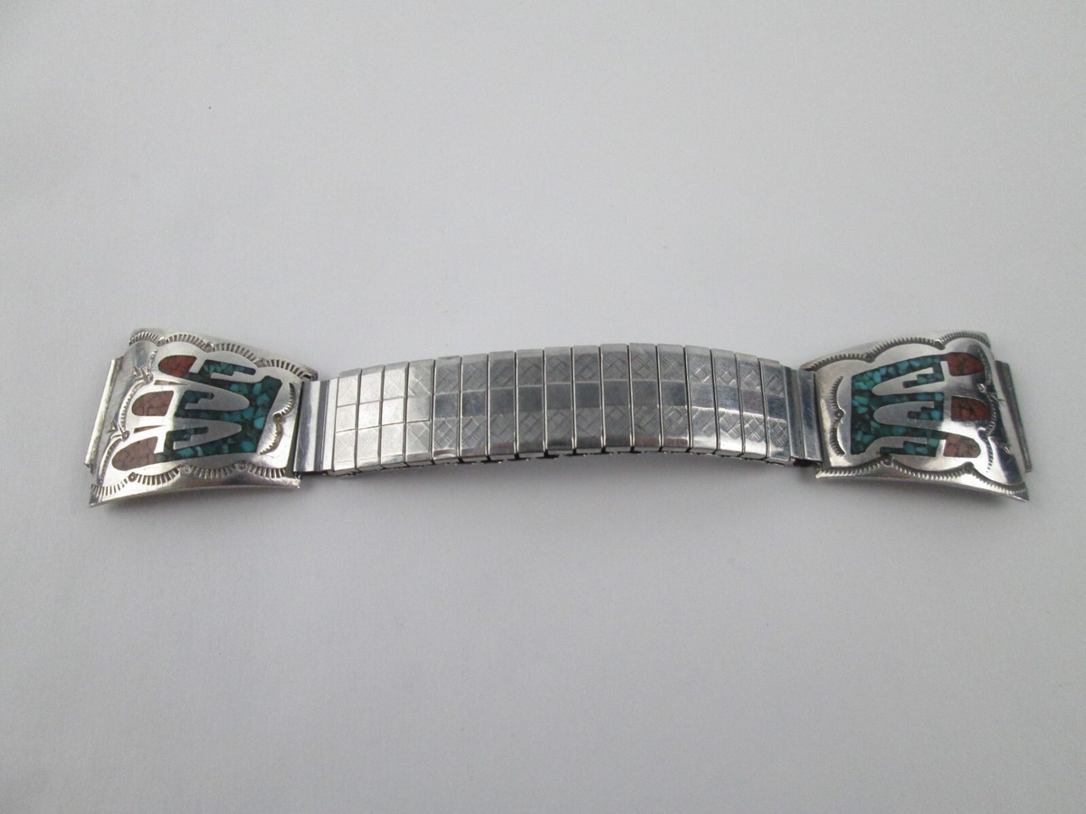Navajo Nakai Native American Sterling Turquoise Coral Watch Band Ends Signed Navajo Nakai Native American Sterling Turquoise Coral Watch  main image 3