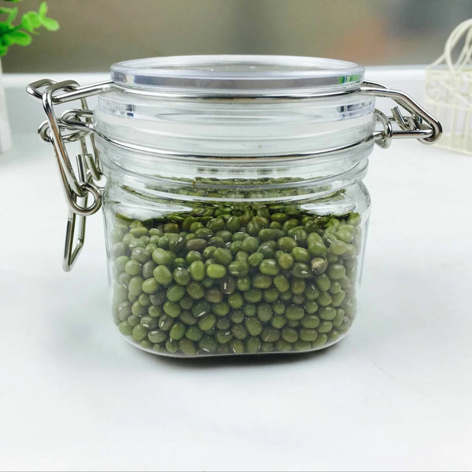 Paquete de 4 frascos de almacenamiento de fondo cuadrado de plástico PET transparente de 400 ml (13,5 oz) con cierre Foto 3 de 4