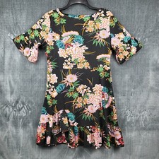 Floral Midi Dress Women's Medium Black Side Zipper Bell  Sleeve Ruffle Bottom