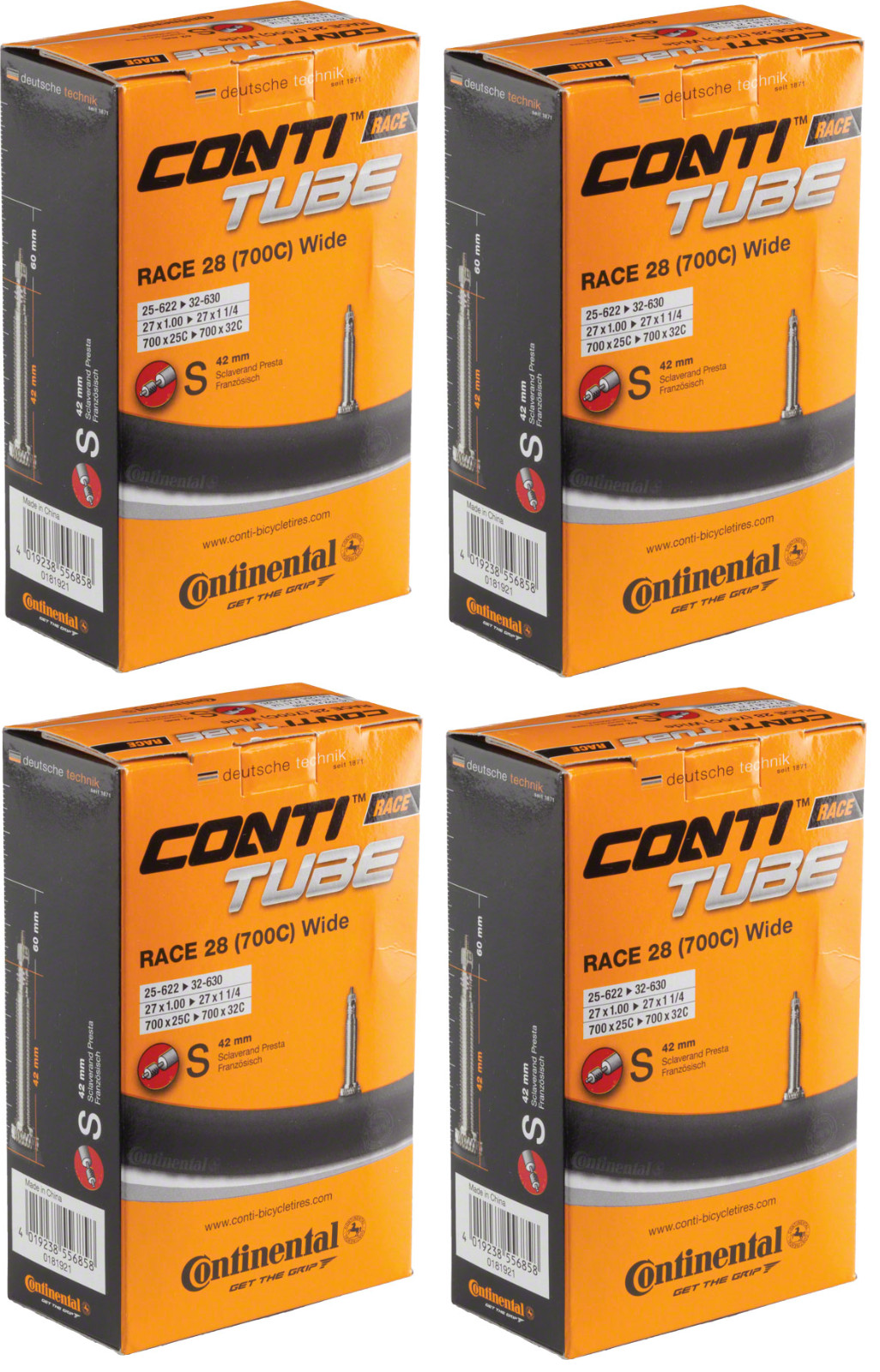4 PACK | Continental Race Inner Tubes - 700 x 25 - 32mm | 42mm Presta Valve