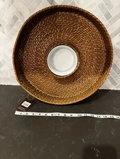 Large Rattan Chip and Dip Basket-Round- Hand Woven Server Tray-Vintage Retro