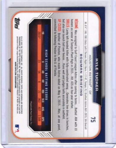 2015 Bowman Draft - #75 Kyle Tucker 1st Bowman Rookie Card RC Astros Cubs - Picture 2 of 2