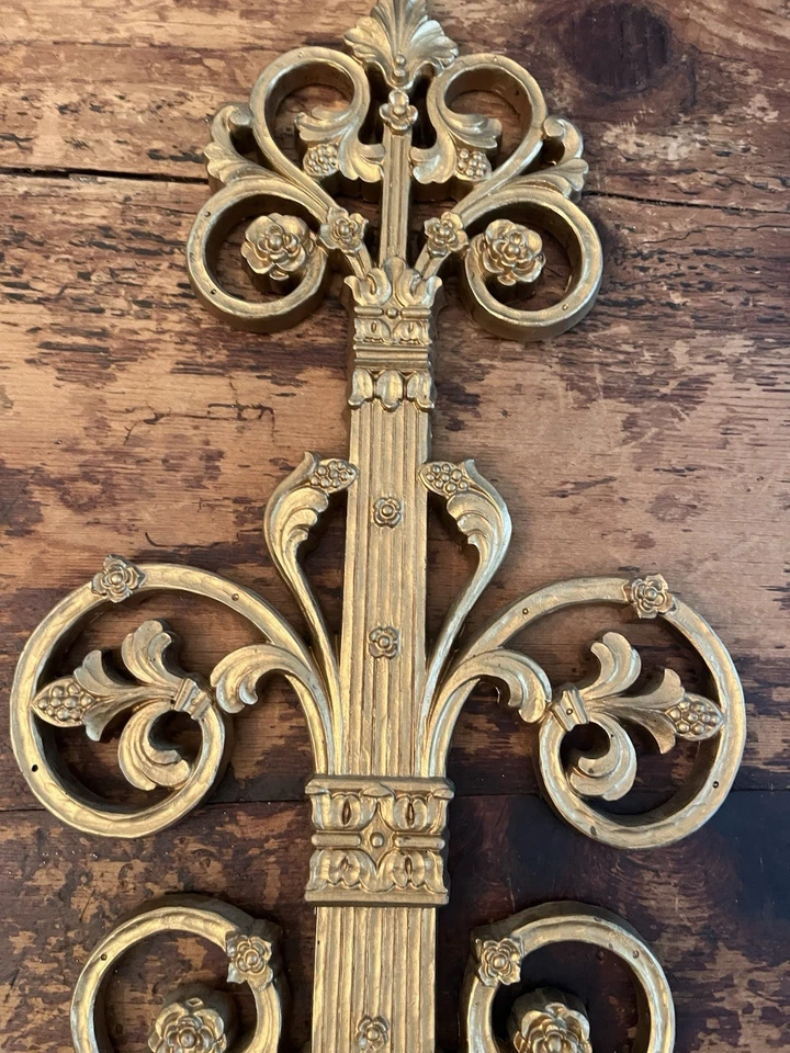 "Aplique de pared vintage HOMCO dorado ornamentado flor candelabro cónico 21""" Foto 3 de 4