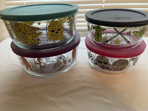 4 Pc Lot Pyrex Star Wars Glass Storage Bowl Containers Yoda Darth Vader