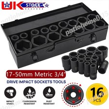 16PC 3/4" DRIVE DEEP IMPACT Socket Set 17-50mm HGV Long Reach Impact Socket 6Pt
