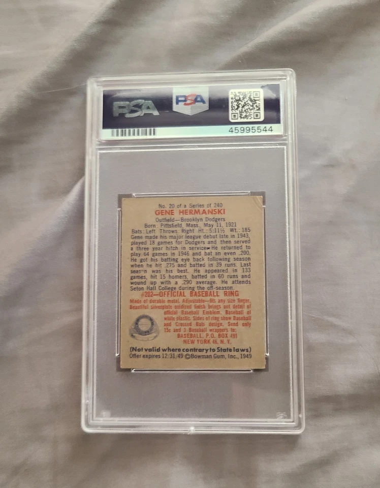 1949 BOWMAN GENE HERMANSKI PSA SIGNED AUTO ROOKIE CARD BROOKLYN DODGERS  - Image 2 of 2
