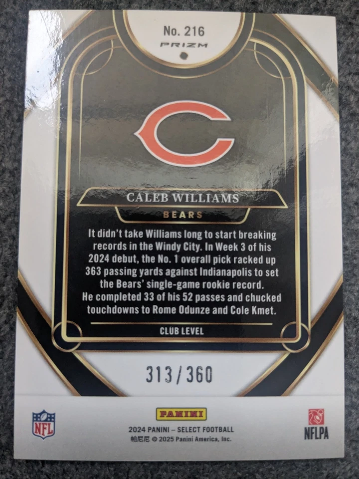 2024 PANINI SELECT CALEB WILLIAMS PURPLE SHOCK PRIZM ROOKIE CARD#216#D313/360 - Image 2 of 4