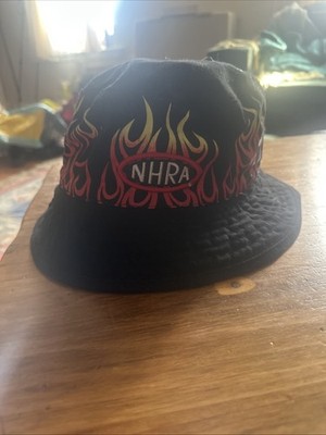 Vintage NHRA Drag Racing Flame Reversible Bucket Hat Cap Black and Beige Y2K