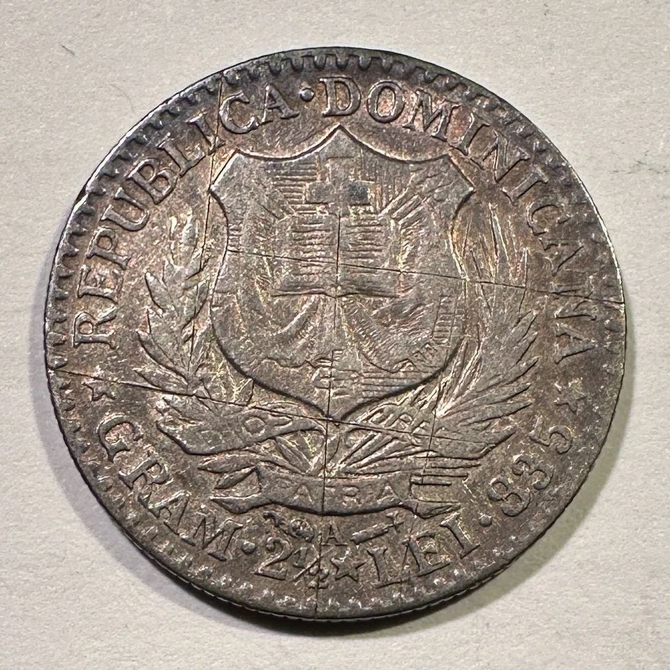 1891 República Dominicana 50 Centesimos de Franco Tipo Escaso Arañazos Rev Luster Foto 2 de 2