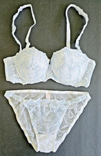 Victorias Secret 34B Bridal Lace String Panties Medium Bra Set White Blue 34 B