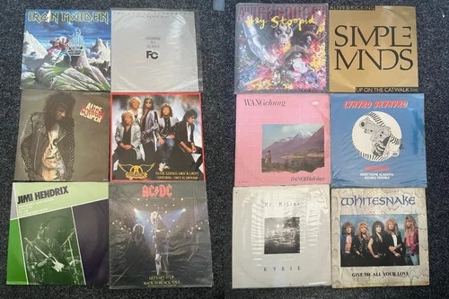 JOB LOT COLLECTION OF 12 ROCK MUSIC VINYL 12" SINGLES AC/DC IRON MAIDEN HENDRIX