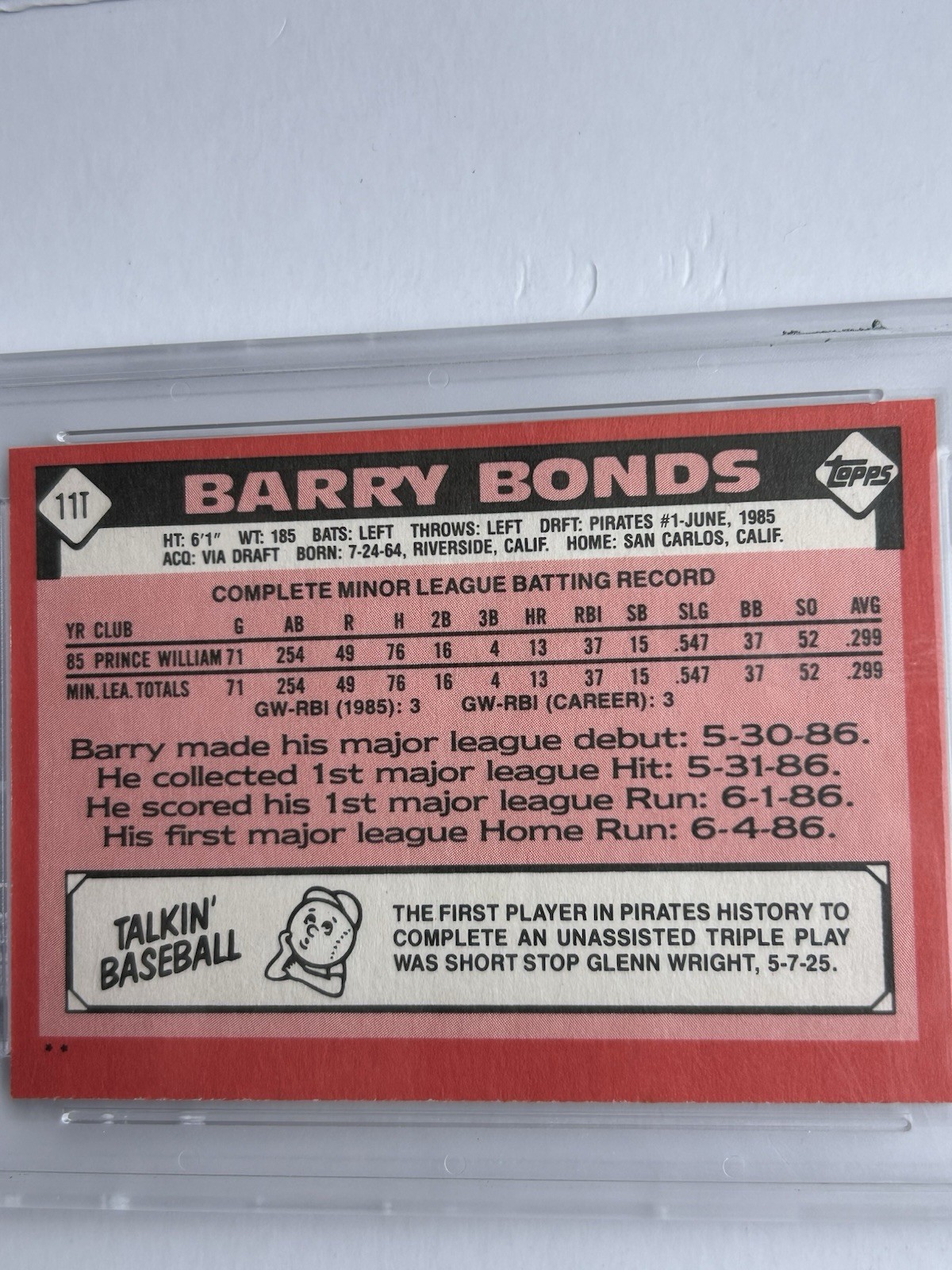     1986 Topps Traded Barry Bonds #11T RC WCG 10 Gem Mint Pittsburgh Pirates view 4