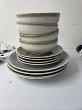 12-Piece White, Green-Blue Speckled Ceramic Dishware Set