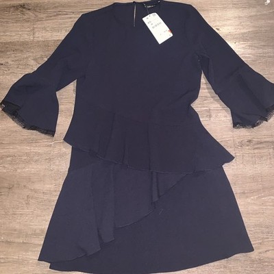 NWT Zara Basic Dress Size XS Dark Navy Blue Flared Sleeve 