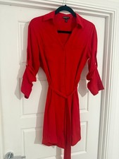 Women's Express Red Full Button Tie Belt V-Neck Above Knee Collared Dress - XS