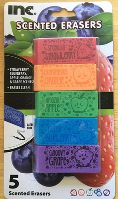 Fruit Scented Latex-Free Erasers 5 Count, Red, Orange, Green, Blue, & Purple
