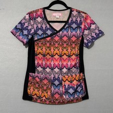 Koi Kathy Paterson Women s Pink  Black Butterfly Short Sleeve Scrub Top Size S