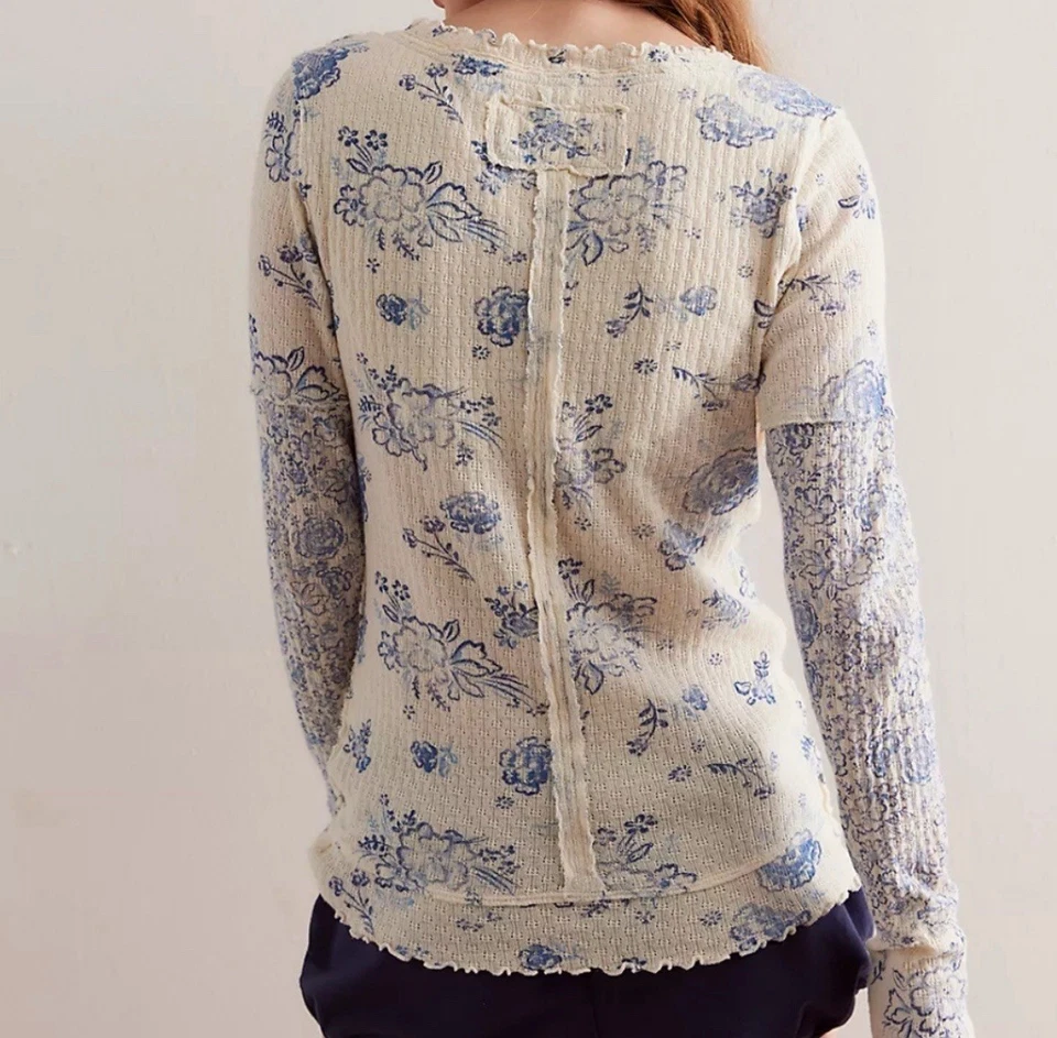 We The Free Clover Printed Thermal  Ivory Combo Blue Flowers Long Sleeve  Large  - Image 2 of 4