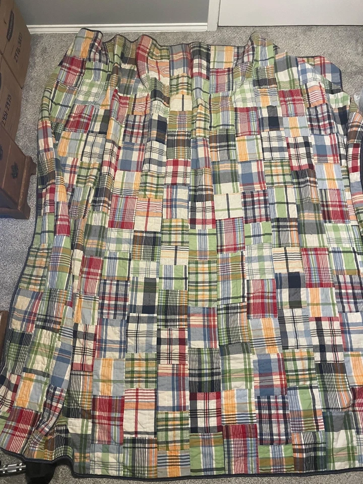 Pottery Barn Kids Madras Patchwork Quilt Blanket Plaid Multicolor Stitched FLAW - Image 3 of 4