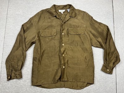 Vintage Jacqueline Ferrar 100% Silk Shirt Women Small Olive Brown Button Up